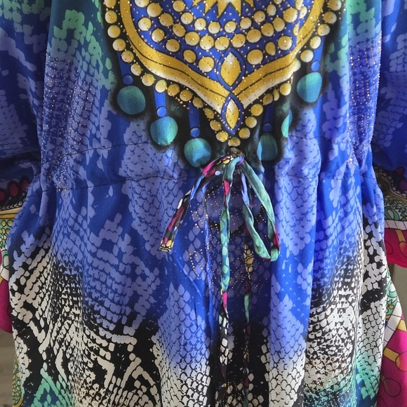 Bell Pepper One Size Maxi Vibrant Multicolor Kaftan Dress Shiny Tiny Gold Studs - Picture 8 of 16